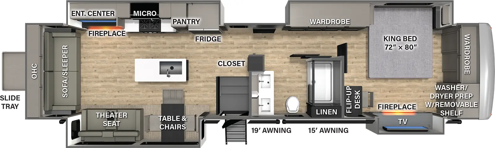 The River Ranch 393RL floorplan has one entry and four slide outs. Exterior features include: fiberglass exterior and 19' & 15' awning. Interiors features include: kitchen island, free-standing dinette option, front bedroom and rear living.